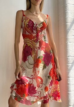 Vintage Y2k Mesh Floral Slip Midi Summer Dress Red Orange