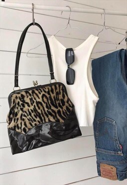 Vintage 60s Brown Faux Fur Leopard Print & Patent Handbag