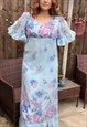 70S FLOATY FLORAL BOHO RUFFLE HEM MAXI DRESS BLUE