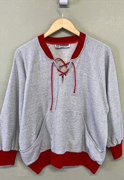 Vintage Sweatshirt Grey / Red With Pocket and String Neck