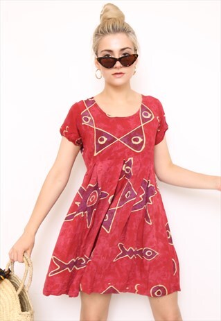 VINTAGE 90S PINK INDONESIAN PRINT MINI DRESS