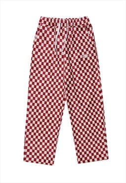 Check joggers velvet glitch pants chequerboard trousers red