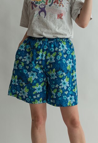 VINTAGE 80S BLUE FESTIVAL SHORTS IN FLOWER PATTERN