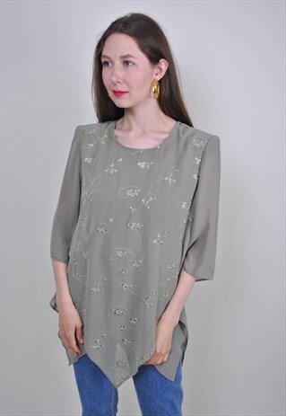 90S GREEN COLOR FLORAL PATTERN LONG BLOUSE