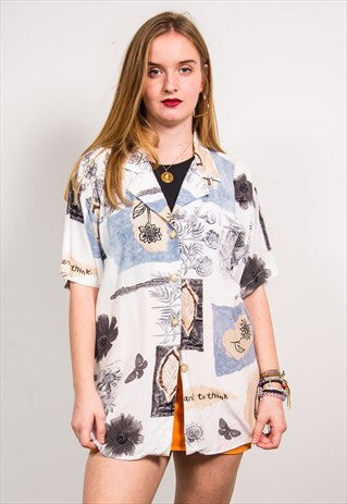 VINTAGE 90'S WHITE FLORAL PRINT SHORT SLEEVE SHIRT