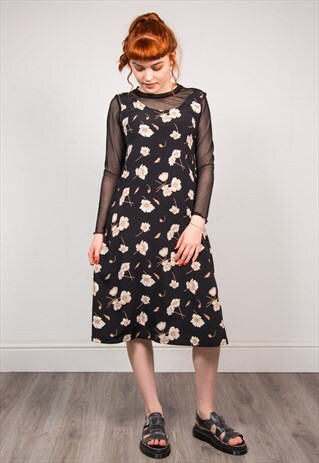 VINTAGE 90'S BLACK FLOWER SUMMER MIDI DRESS