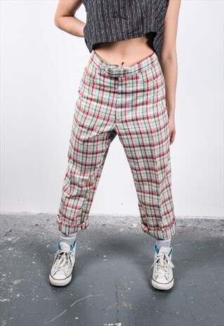 VINTAGE 1980S RED AND GREEN CHECKED TROUSERS