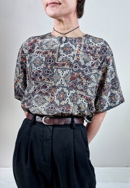 Vintage 90's Midnight Blue and Burgundy Patterned Top