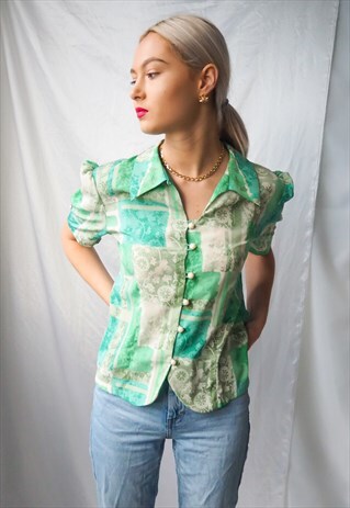 VINTAGE GREEN PATTERNED BUTTON UP BLOUSE