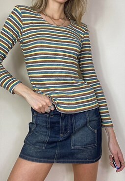 Vintage Y2K Striped Long Sleeve Top Ribbed Knitted