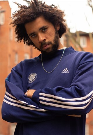 VINTAGE 90S ADIDAS LOGO THREE STRIPE MOCK NECK IN NAVY