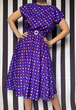 VINTAGE 80S PURPLE MIDI BELTED DRESS, POLKA DOTS, UK10-14