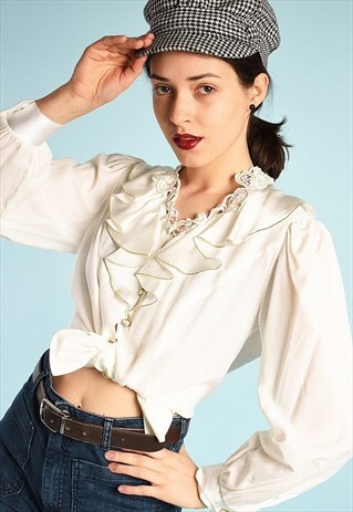 VINTAGE 80'S RETRO PARIS CHIC MINIMALIST RUFFLE SHIRT TOP