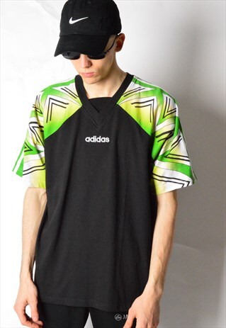 VINTAGE 90S BLACK GREEN ADIDAS V-NECK T-SHIRT