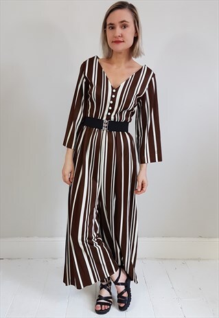 VINTAGE 70'S BROWN AND OFF WHITE STRIPED JUMPSUIT