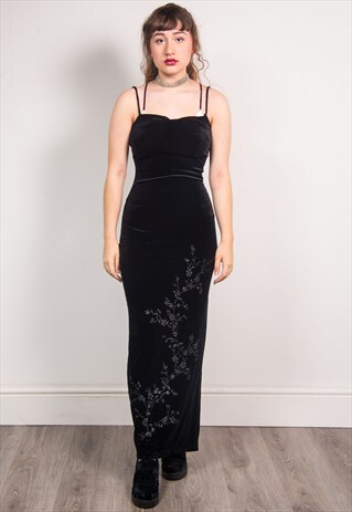 VINTAGE 90'S BLACK VELVET PARTY MAXI SPAGHETTI STRAP DRESS