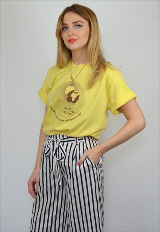 VINTAGE 90S YELLOW & BROWN VEGAN EARTH PRINTED T SHIRT