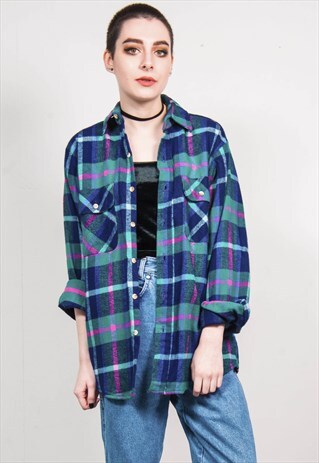 VINTAGE 90'S GREEN CHECKED THICK FLANNEL SHIRT