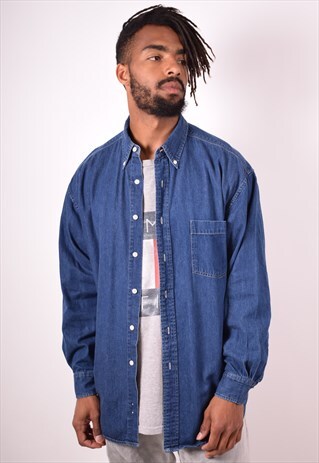 MENS VINTAGE DENIM SHIRT LARGE NAVY BLUE 90S