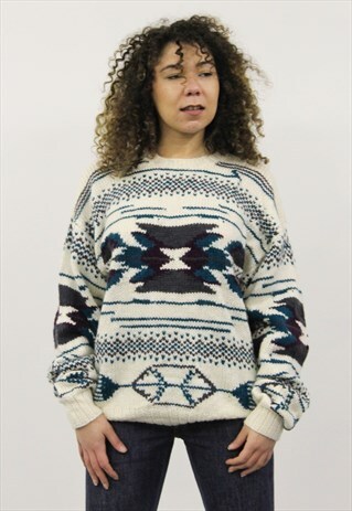 VINTAGE 1980S WHITE AND BLUE PATTERNED JUMPER