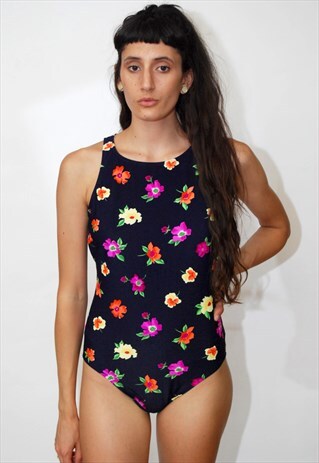 VINTAGE FLORAL SWIMSUIT (UK 16) NAVY 90S ONE PIECE ONESIE