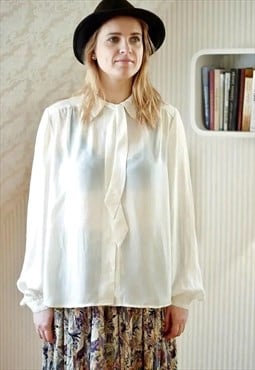 beige silver stripe long sleeve blouse with neck tie