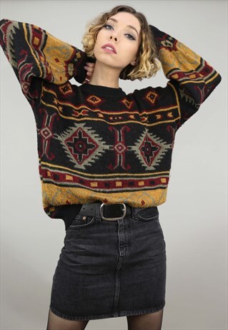 VINTAGE 80S 90S OVERSIZED PATTERNED KNIT JUMPER