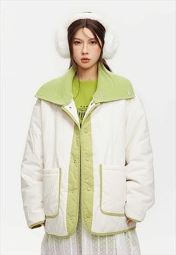 Detachable neck bomber quilted cargo puffer jacket in white
