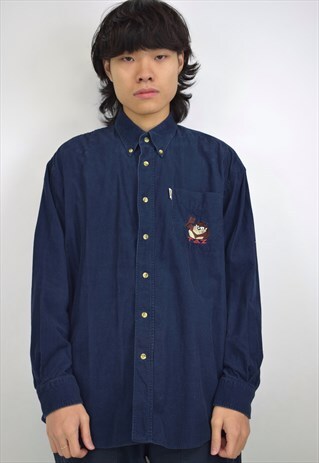 VINTAGE 90S LOONEY TUNES TAZ, NAVY CORDUROY SHIRT