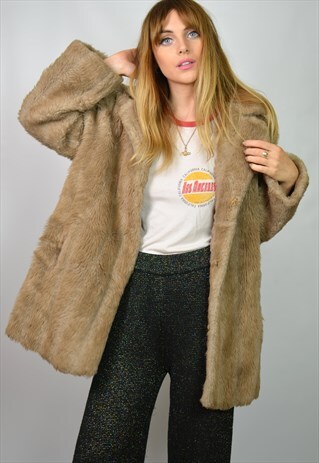 VINTAGE 60S LIGHT BROWN BLONDE FAUX FUR COAT