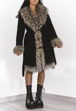 Vintage Y2k Black Faux Fur Trim Afghan Coat