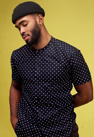 DOTTY SHORT SLEEVE COTTON SHIRT WITH GRANDAD COLLAR
