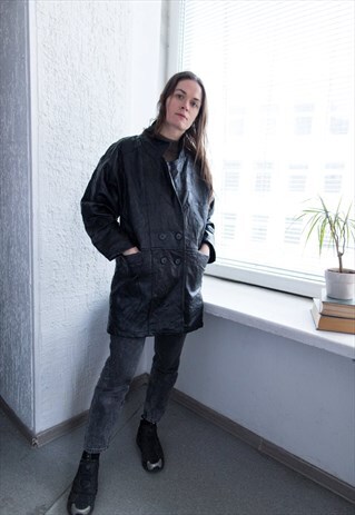 VINTAGE 80'S BLACK LEATHER PATCHES DOUBLE BREASTED COAT