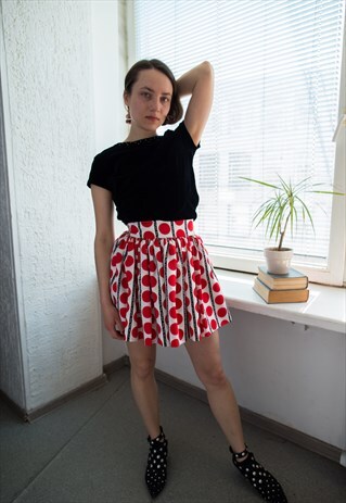 VINTAGE 80'S RED PATTERNED MINI HIGH WAISTED SKIRT