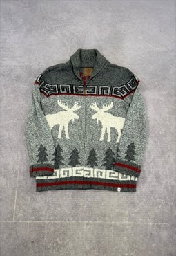 Vintage Knitted Cardigan Canada Reindeer Patterned Sweater