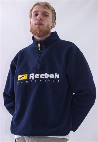 VINTAGE MENS REEBOK BIG LOGO FLEECE HALF ZIP PULLOVER JACKET