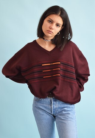 90'S RETRO BURGUNDY KNIT OVERSIZED DADS JUMPER TOP