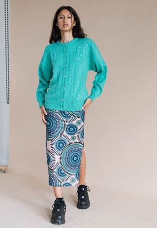 VINTAGE 80S FLORAL EMBROIDERY KNIT ROUNDNECK GREEN CARDIGAN