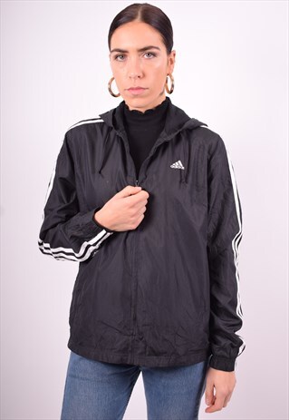 ADIDAS WOMENS VINTAGE HOODIE JACKET LARGE BLACK 90'S