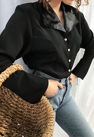 VINTAGE 80S LUXE BLACK HAUTE BOHEME SATIN DETAILED BLOUSE TO