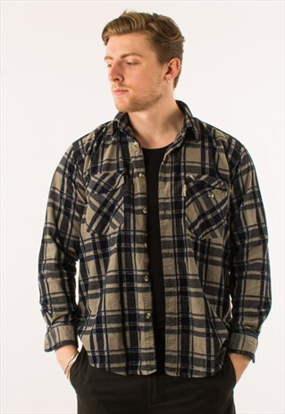 VINTAGE 90S BLUE BEIGE CHECKERED TARTAN CORDUROY SHIRT XL