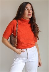 Vintage 90s Short Sleeve Roll Knit Jumper in Orange