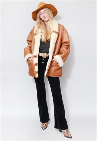 VINTAGE 1980'S SOFT BROWN SLOUCHY SHEARLING AVIATOR COAT