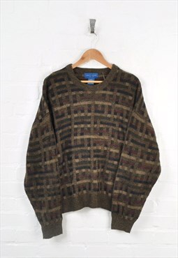 Vintage Knitted Jumper 80s Pattern Khaki XL