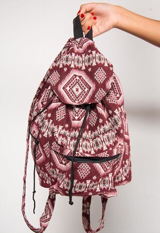 90'S VINTAGE RED CRAZY AZTEC BACKPACK FESTIVAL RUCKSACK
