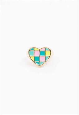 New Gold Heart Check Pattern Adjustable Ring