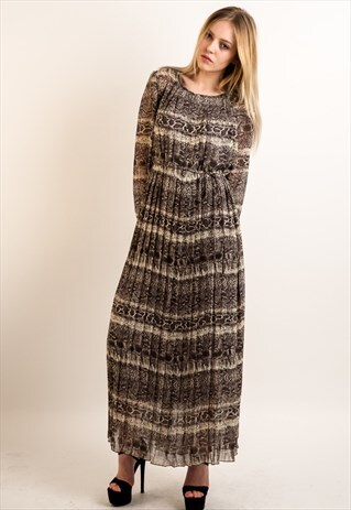 ANIMAL LEOPARD PRINT PLEATED LONG SLEEVES MAXI DRESS