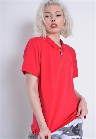VINTAGE TOMMY HILFIGER ZIP UP POLO SHIRT RED