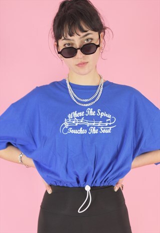 VINTAGE 90S REWORKED CROP TOP IN BLUE WITH SPIRIT SONG PRINT