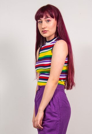 VINTAGE 70'S MULTICOLOUR STRIPED HIGH NECK VEST TOP